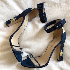 Tamara Mellon Denim and Eel Ankle Strap Sandals